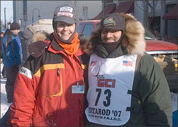 Claudia and Frank Sihler at the ceremonial start of the 2007 Iditarod in downtown Anchorage.